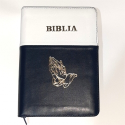 Biblie imbracata in  piele, duo, alb-bleumarin